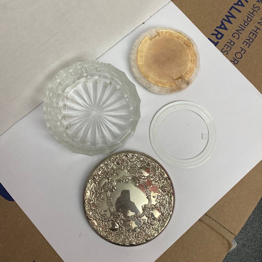 Vintage Pressed Powder Box Jar With Ornate Silverplate Lid- with puff Victorian - Picture 5 of 11